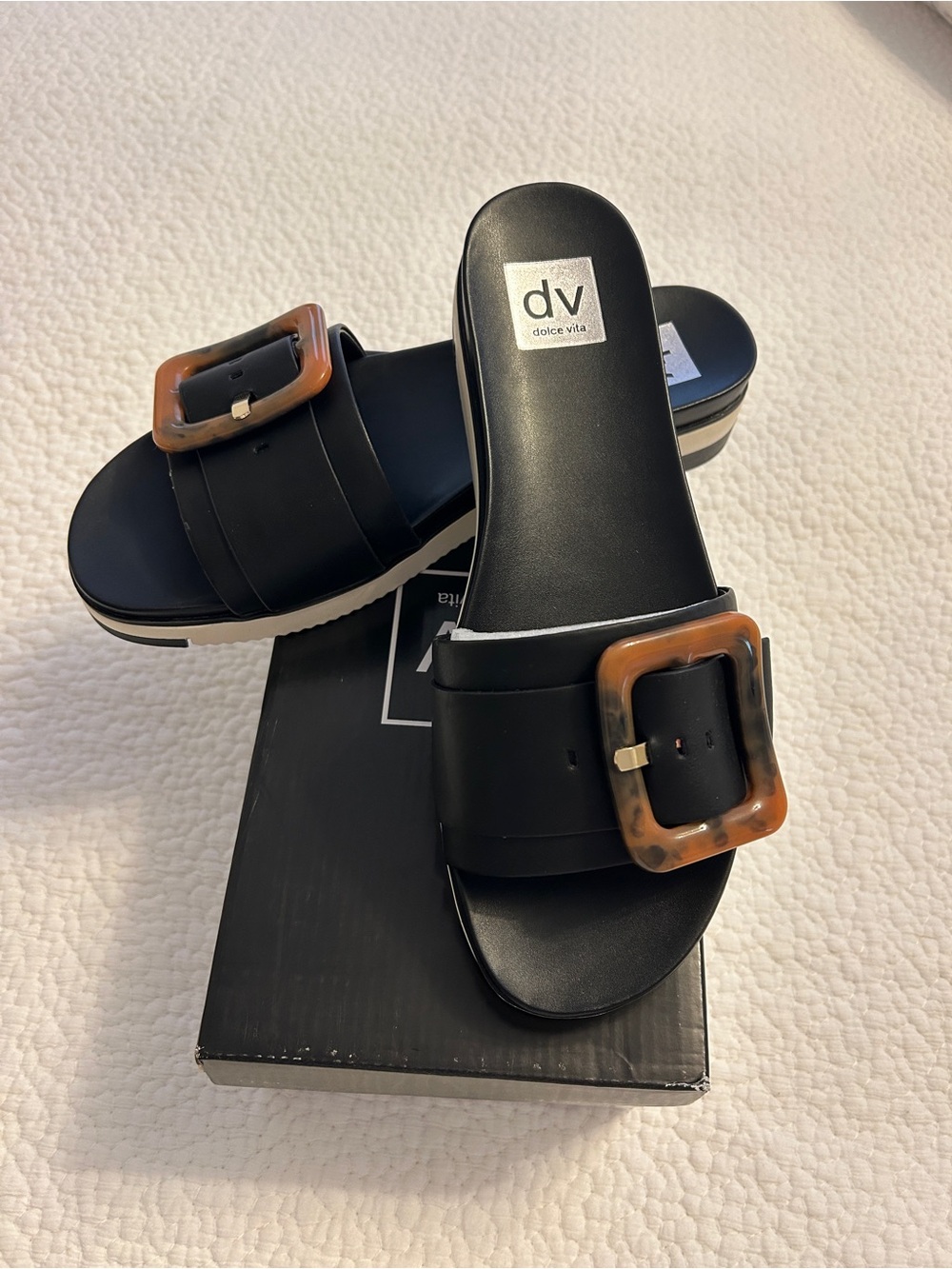 Dolce Vita Black Slide Sandals with Tortoiseshell Buckle Accent